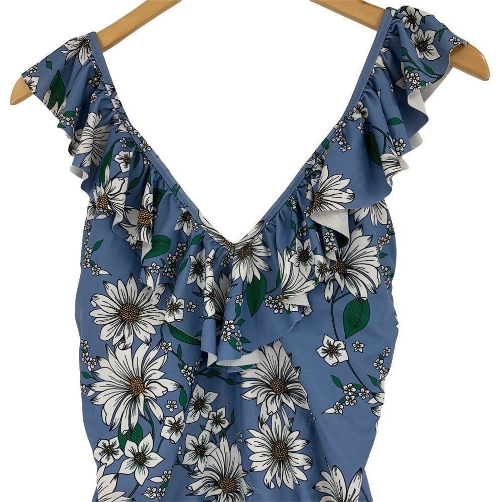 Jessica Simpson L Large One Piece Swimsuit Blue Daisy Ruffle V-neck Lined 0323 - Picture 2 of 8